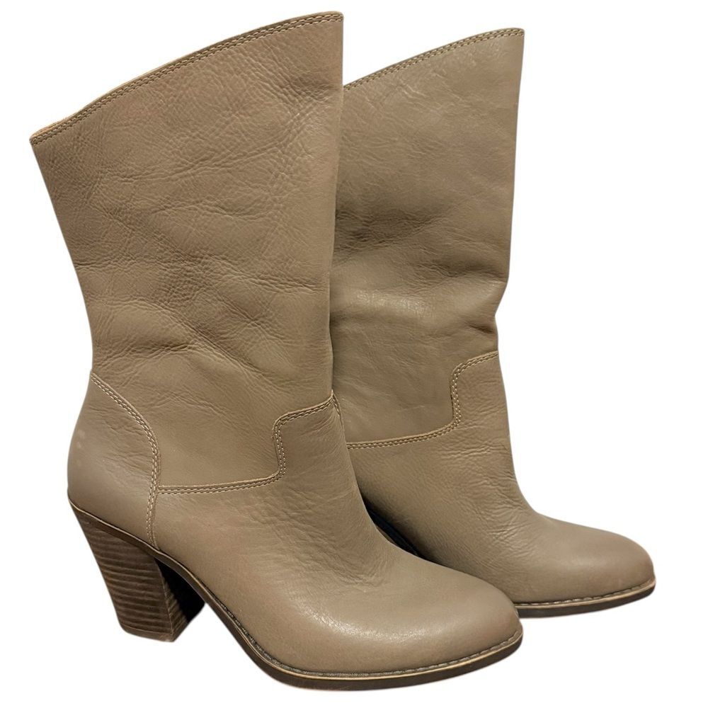 Lucky Brand Leather Angled Mid- Shaft Boots Taupe Gray Size 8.5